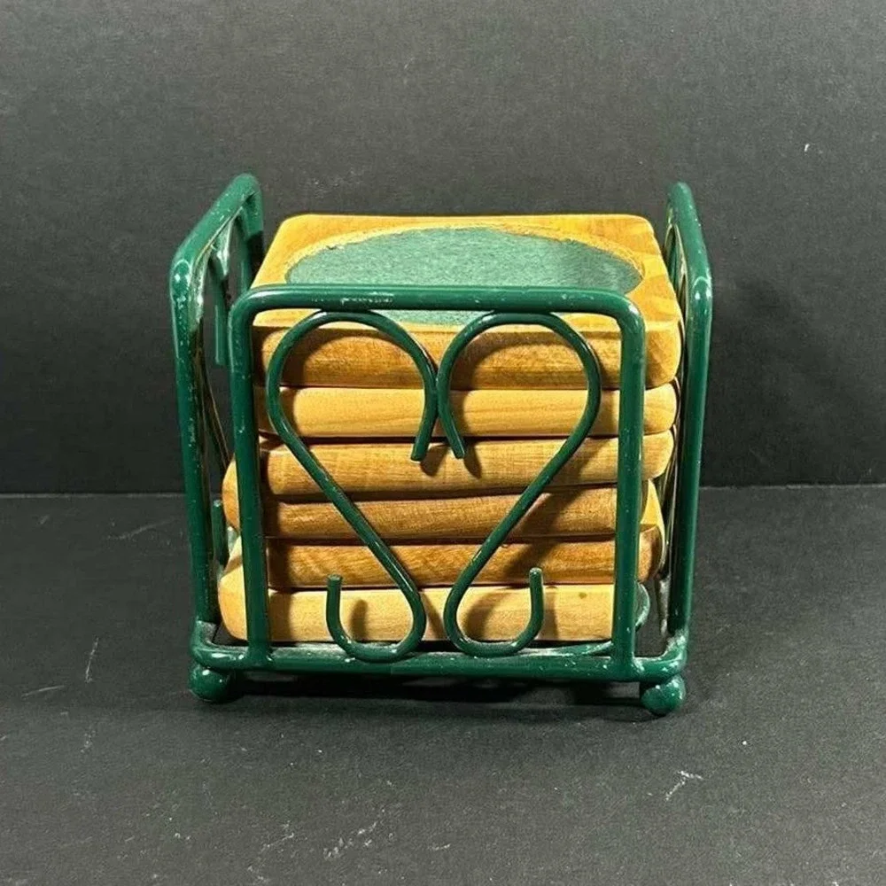 Coaster Set Brown Green Wood Metal Wire Heart Caddy Vintage Cottagecore 6pc OS